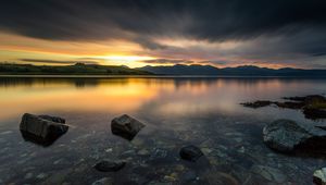 Preview wallpaper stones, lake, bottom, sunrise, hills