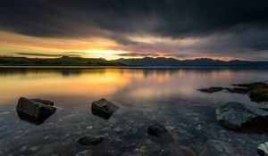 Preview wallpaper stones, lake, bottom, sunrise, hills