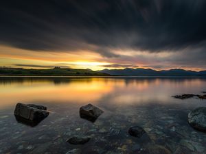 Preview wallpaper stones, lake, bottom, sunrise, hills