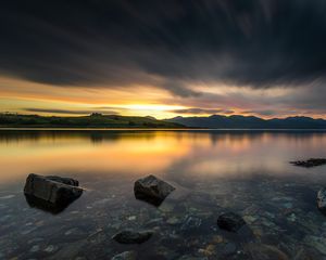 Preview wallpaper stones, lake, bottom, sunrise, hills