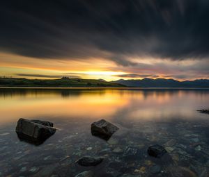 Preview wallpaper stones, lake, bottom, sunrise, hills