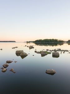 Preview wallpaper stones, lake, horizon, trees