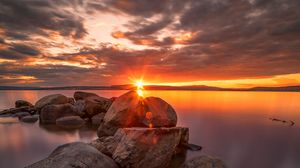 Preview wallpaper stones, lake, horizon, sunrise, landscape