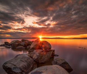 Preview wallpaper stones, lake, horizon, sunrise, landscape