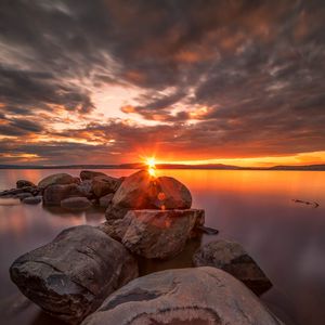 Preview wallpaper stones, lake, horizon, sunrise, landscape