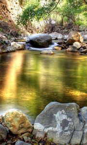 Preview wallpaper stones, lake, reflection, gleams, shadow, cool, spring, stream