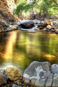 Preview wallpaper stones, lake, reflection, gleams, shadow, cool, spring, stream