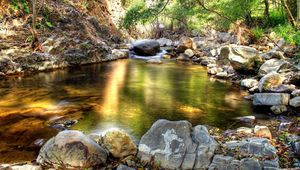 Preview wallpaper stones, lake, reflection, gleams, shadow, cool, spring, stream