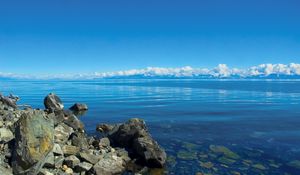 Preview wallpaper stones, lake, siberia, baikal, water, transparent, clouds