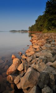 Preview wallpaper stones, lake, trees, nature, shore