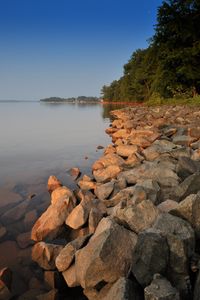 Preview wallpaper stones, lake, trees, nature, shore