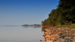 Preview wallpaper stones, lake, trees, nature, shore