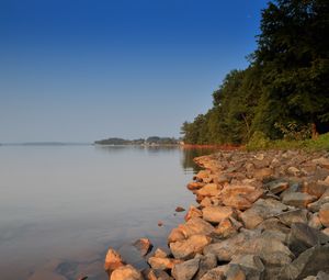 Preview wallpaper stones, lake, trees, nature, shore