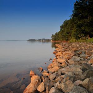 Preview wallpaper stones, lake, trees, nature, shore