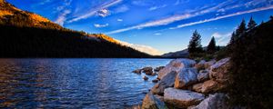 Preview wallpaper stones, lake, trees, spruce, sky