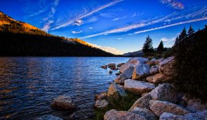 Preview wallpaper stones, lake, trees, spruce, sky