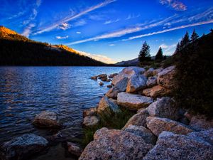 Preview wallpaper stones, lake, trees, spruce, sky