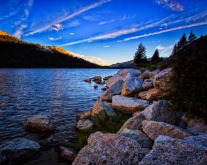 Preview wallpaper stones, lake, trees, spruce, sky