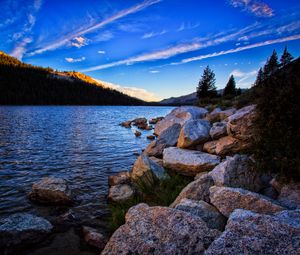 Preview wallpaper stones, lake, trees, spruce, sky