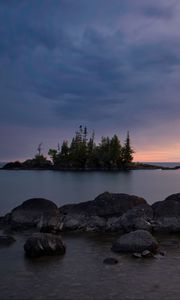 Preview wallpaper stones, lake, trees, island, landscape