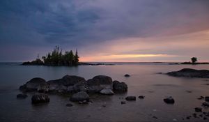 Preview wallpaper stones, lake, trees, island, landscape