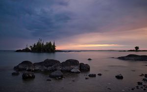 Preview wallpaper stones, lake, trees, island, landscape