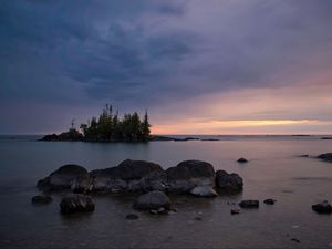 Preview wallpaper stones, lake, trees, island, landscape