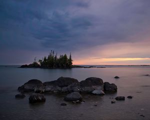 Preview wallpaper stones, lake, trees, island, landscape