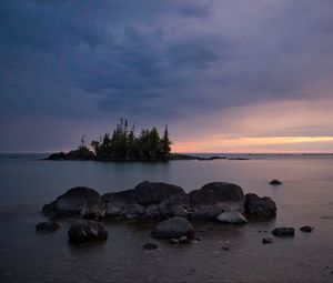 Preview wallpaper stones, lake, trees, island, landscape