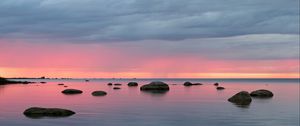 Preview wallpaper stones, lake, water, horizon, clouds