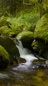 Preview wallpaper stones, moss, greenery, waterfall, river, nature