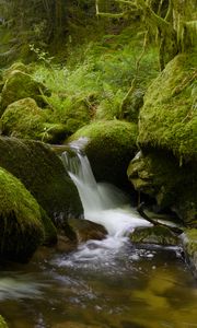 Preview wallpaper stones, moss, greenery, waterfall, river, nature