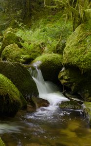 Preview wallpaper stones, moss, greenery, waterfall, river, nature