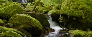 Preview wallpaper stones, moss, greenery, waterfall, river, nature