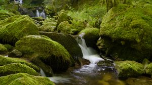 Preview wallpaper stones, moss, greenery, waterfall, river, nature