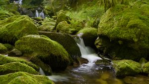 Preview wallpaper stones, moss, greenery, waterfall, river, nature