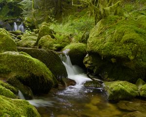 Preview wallpaper stones, moss, greenery, waterfall, river, nature