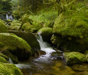 Preview wallpaper stones, moss, greenery, waterfall, river, nature