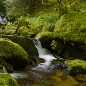 Preview wallpaper stones, moss, greenery, waterfall, river, nature