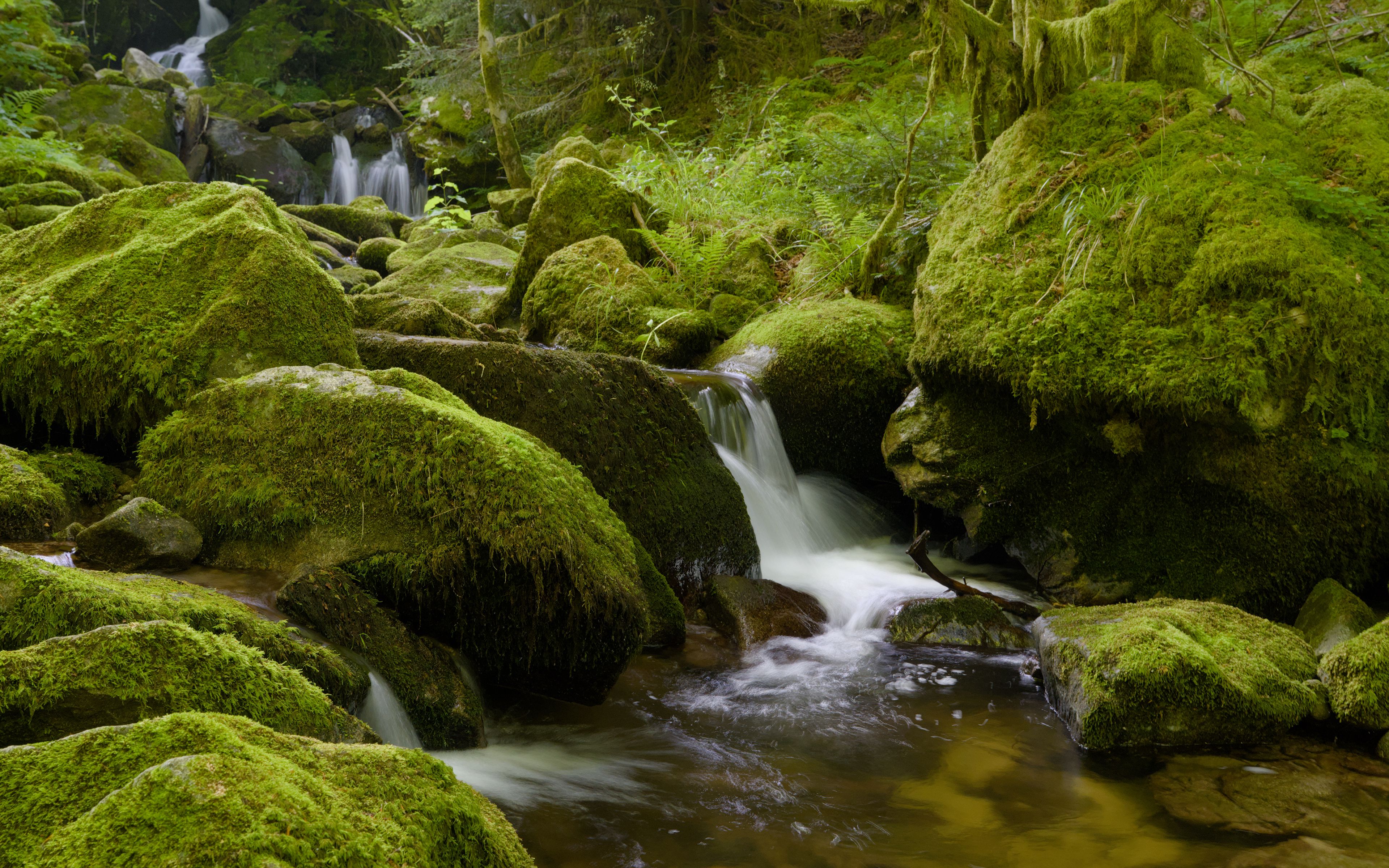 3840x2400 Wallpaper stones, moss, greenery, waterfall, river, nature