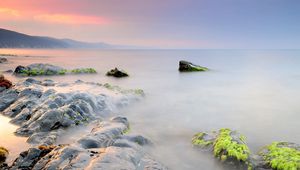 Preview wallpaper stones, moss, rocks, smooth surface, silence, fog, veil, wet