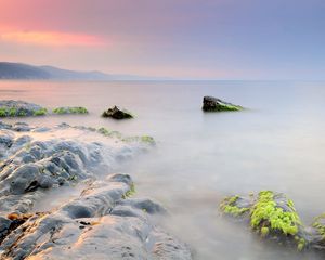 Preview wallpaper stones, moss, rocks, smooth surface, silence, fog, veil, wet