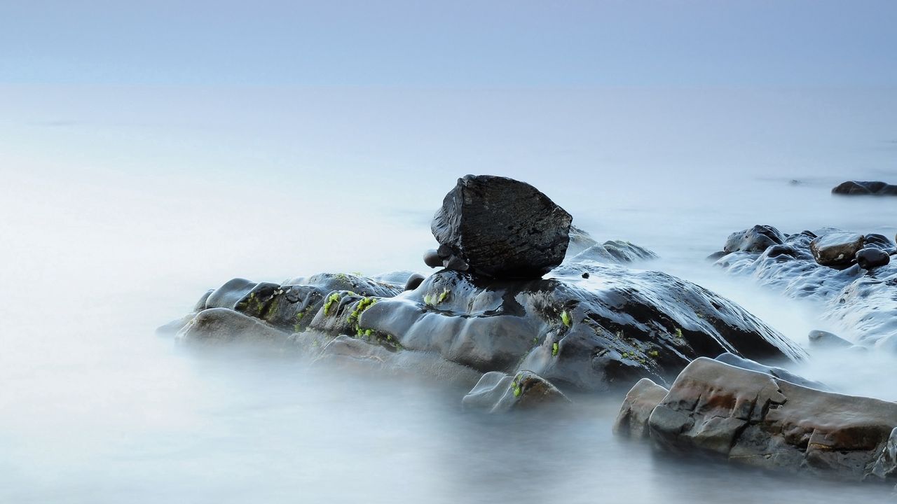 Wallpaper stones, moss, rocks, smooth surface, silence, fog, veil, wet, block