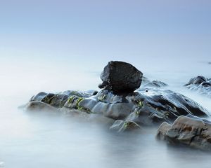 Preview wallpaper stones, moss, rocks, smooth surface, silence, fog, veil, wet, block