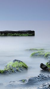 Preview wallpaper stones, moss, rocks, smooth surface, silence, fog, veil, wet, block, coast, signature
