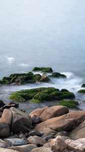 Preview wallpaper stones, moss, water, waves, nature