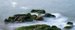 Preview wallpaper stones, moss, water, waves, nature