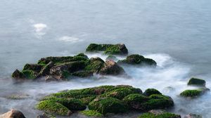 Preview wallpaper stones, moss, water, waves, nature