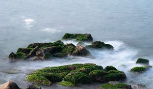 Preview wallpaper stones, moss, water, waves, nature