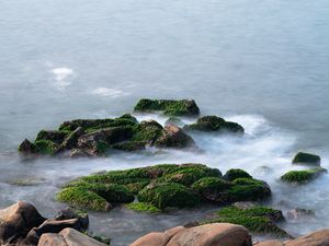 Preview wallpaper stones, moss, water, waves, nature